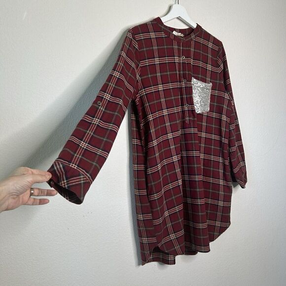 Entro Plaid Red Flannel Pocketed Roll Tab Sleeve Tunic with Sequin Trim L - Picture 6 of 12